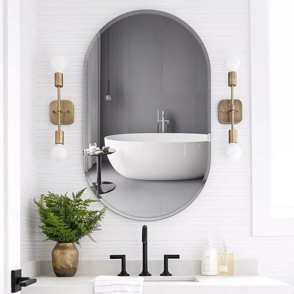 Frameless Oval Mirror 22 x 38 Inch - Beveled Polished Edge - Silver Pill Shaped
